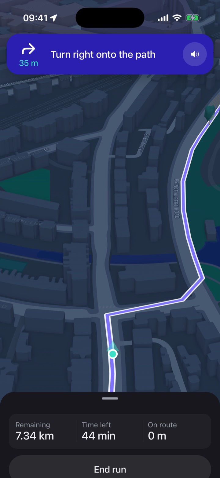 Stridr guiding a run at night: next turn in 35 metres