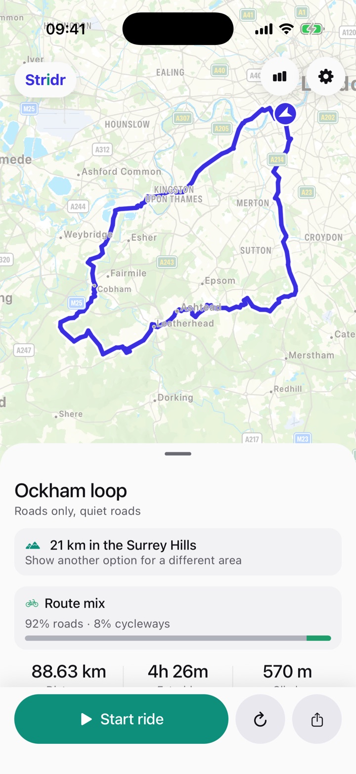 An 89 km Stridr ride from Battersea to the Surrey Hills and back